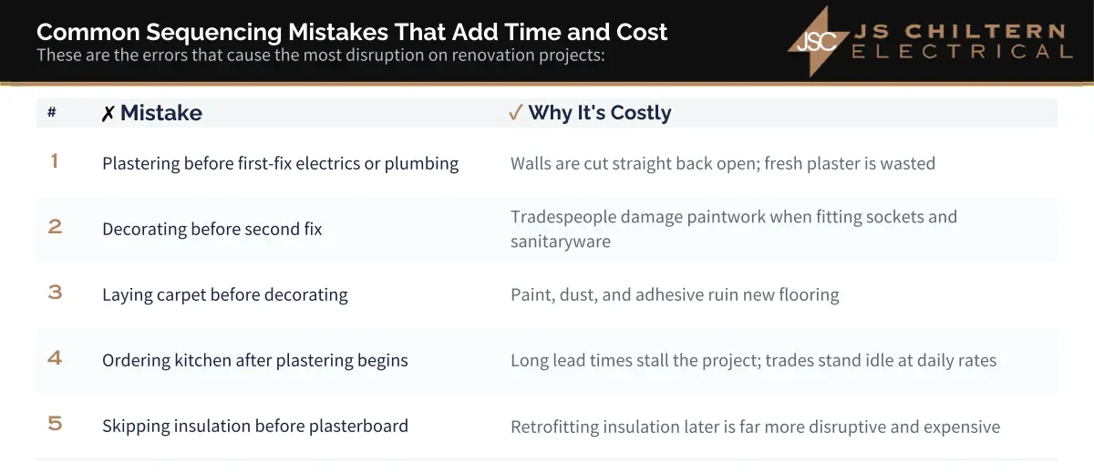 Comparison table showing 5 common sequencing mistakes made during home renovation projects and why they are costly. 