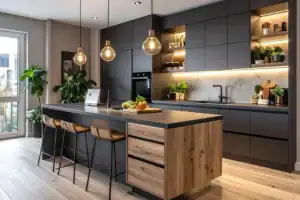 Beautifully lit state-of-the-art kitchen with pendant lights hanging over the island